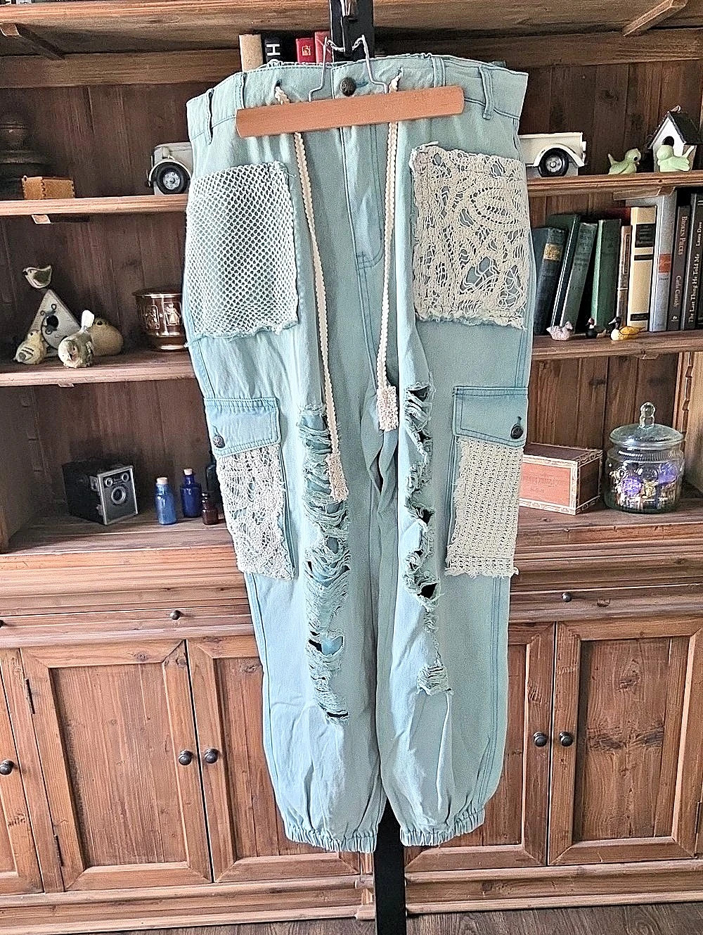 POL Distressed Denim & Lace Joggers Blue & White Large